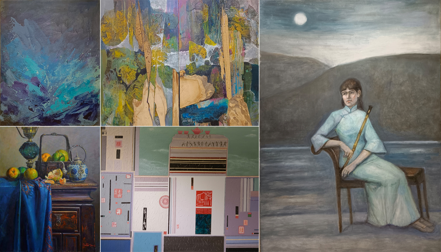 會員展出作品一覽：左上蘇宗雄、左下林弘毅、中上藍榮賢、中下蔡永明、右圖陳景容教授。（攝影∕記者鄭松維）