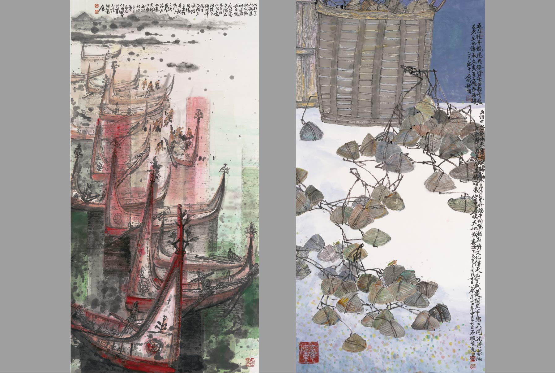 左為江明賢作品〈蘭嶼風光〉。右為黃光男作品〈端午正陽〉。（圖片提供∕中華翰維文化推廣協會）