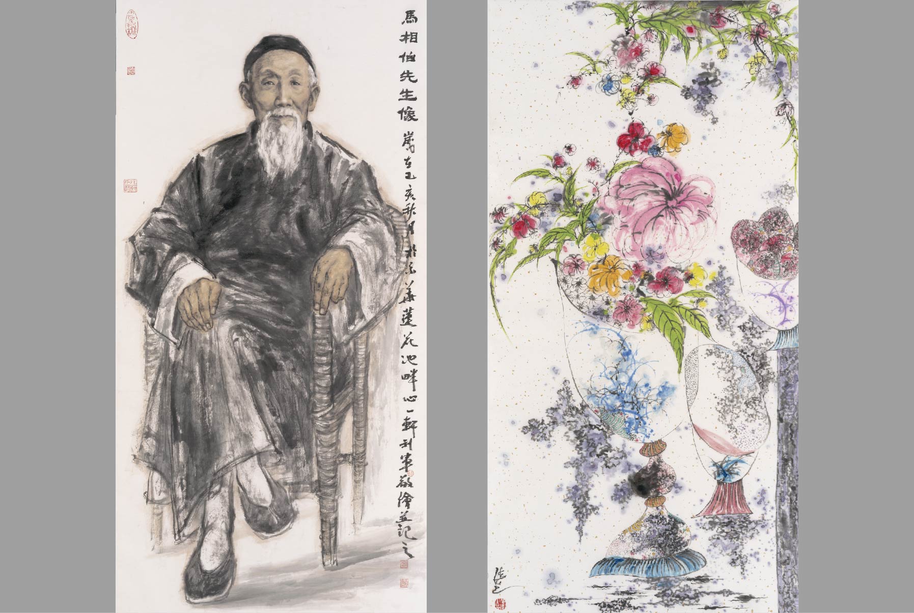 左為王利軍作品〈馬相伯先生像〉。右為張衛作品〈盎然春意〉。（圖片提供∕中華翰維文化推廣協會）