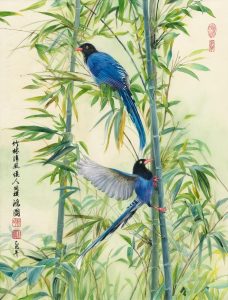 《竹林清風-儷人同棲》臺灣藍鵲。（圖片提供∕柯鴻圖）