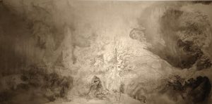 李璐宇作品《異鄉人－馬里亞納的海浪》紙本水墨132×66cm（攝影∕記者鄭松維）