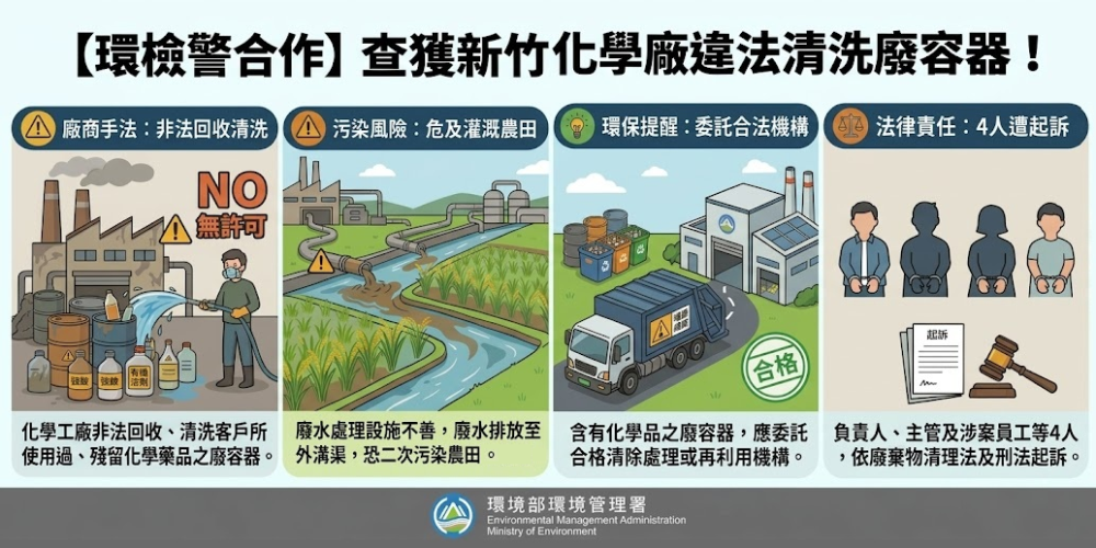 環檢警合作查獲新竹化學廠違法清洗廢容器 4人起訴