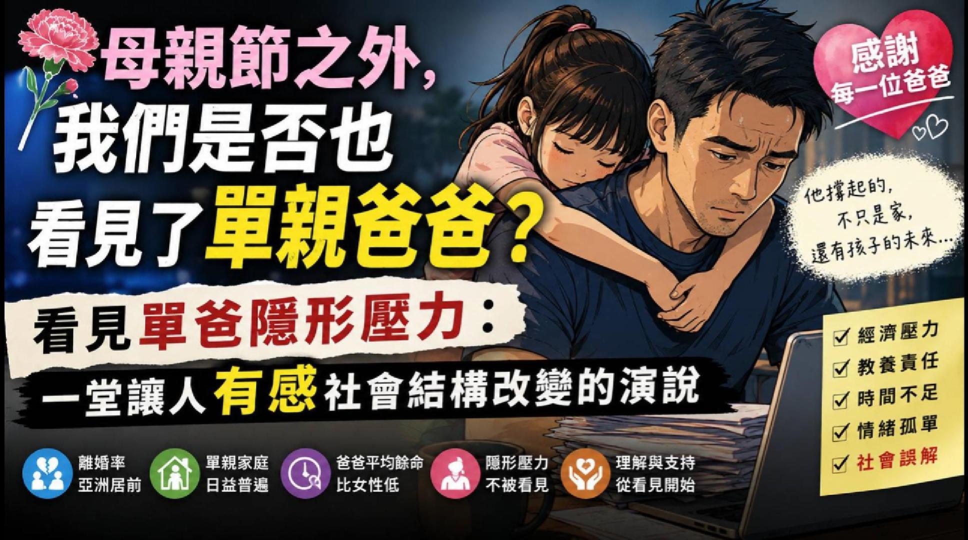 【影音】母親節外的沉默身影:從家庭結構改變看單親爸爸的當代挑戰 【影音】母親節外的沉默身影:從家庭結構改變看單親爸爸的當代挑戰