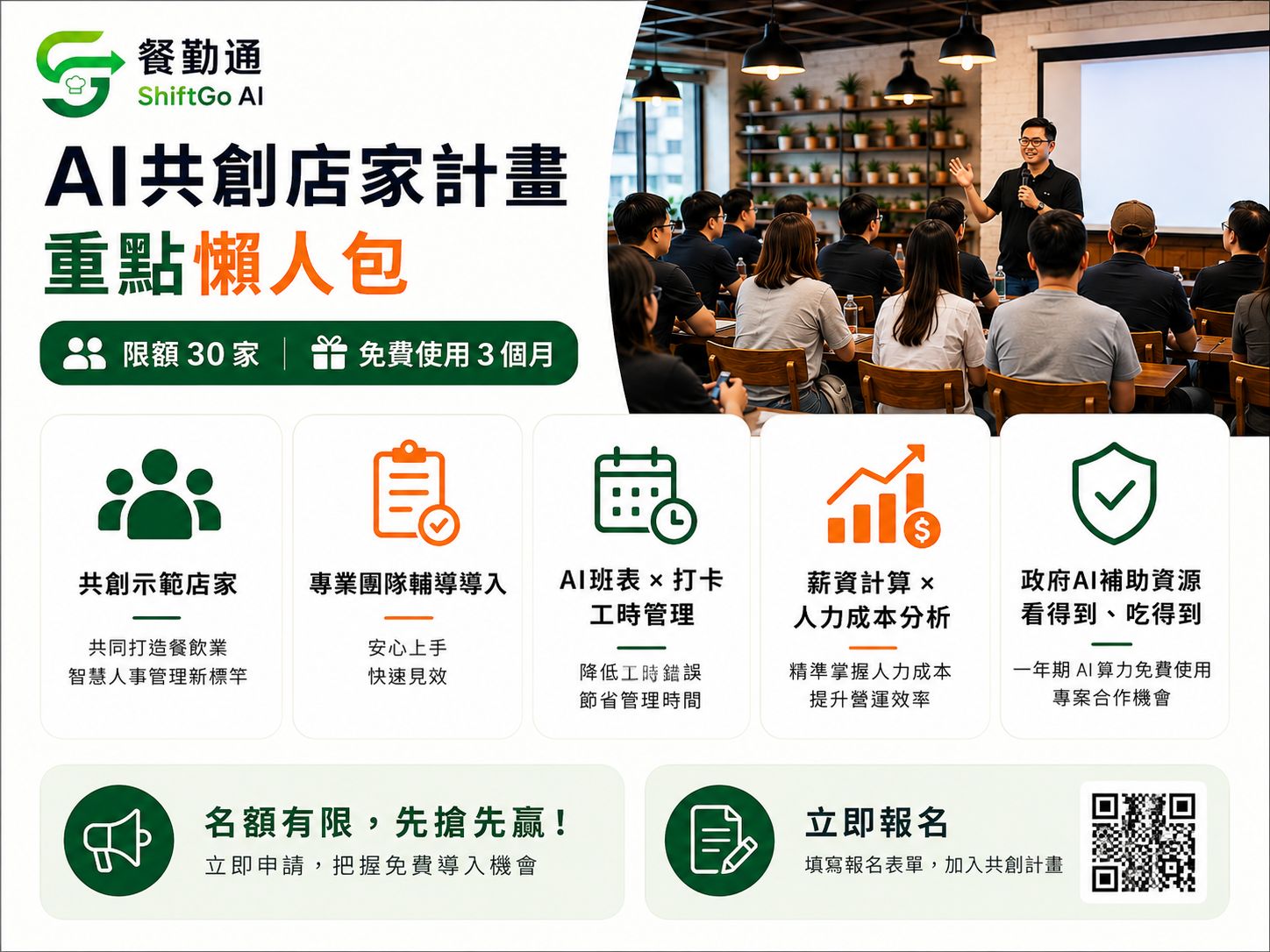 AI 補助一波波,餐飲業不再只能看得到、吃不到 傑飛特科技啟動「餐勤通 ShiftGo AI 餐飲 AI 共創店家計畫」 AI 補助一波波,餐飲業不再只能看得到、吃不到 傑飛特科技啟動「餐勤通 ShiftGo AI 餐飲 AI 共創店家計畫」