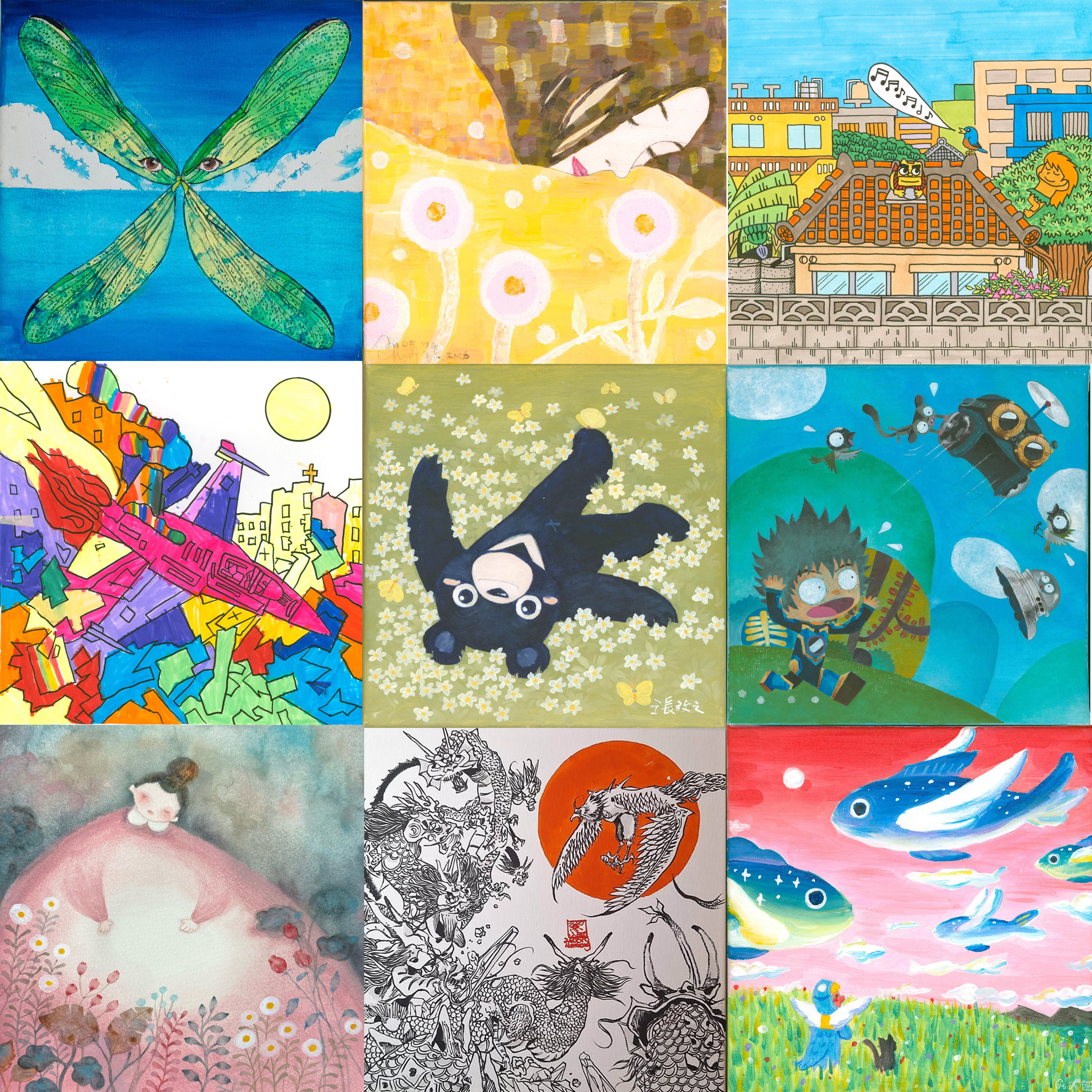 參展畫家作品：上圖左1陳過、左2水瓶鯨魚、左3ココロもも；中圖左1葉安德、左2張放之、左3莊河源；下圖左1王子麵、左2鄭硯允、左3-G.S.灰階。（圖片提供∕主辦單位）